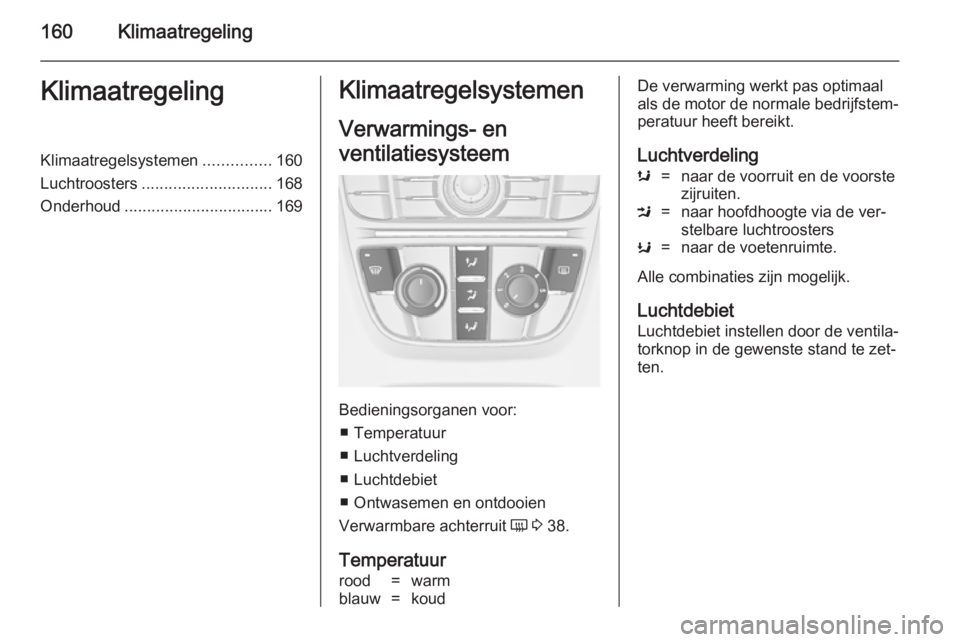 OPEL ASTRA J 2014  Gebruikershandleiding (in Dutch) 160KlimaatregelingKlimaatregelingKlimaatregelsystemen...............160
Luchtroosters ............................. 168
Onderhoud ................................. 169Klimaatregelsystemen
Verwarmings-