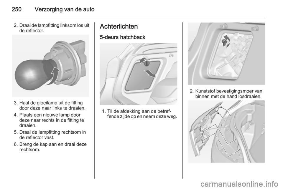 OPEL ASTRA J 2014  Gebruikershandleiding (in Dutch) 250Verzorging van de auto
2.Draai de lampfitting linksom los uit
de reflector.
3. Haal de gloeilamp uit de fitting door deze naar links te draaien.
4. Plaats een nieuwe lamp door deze naar rechts in d
