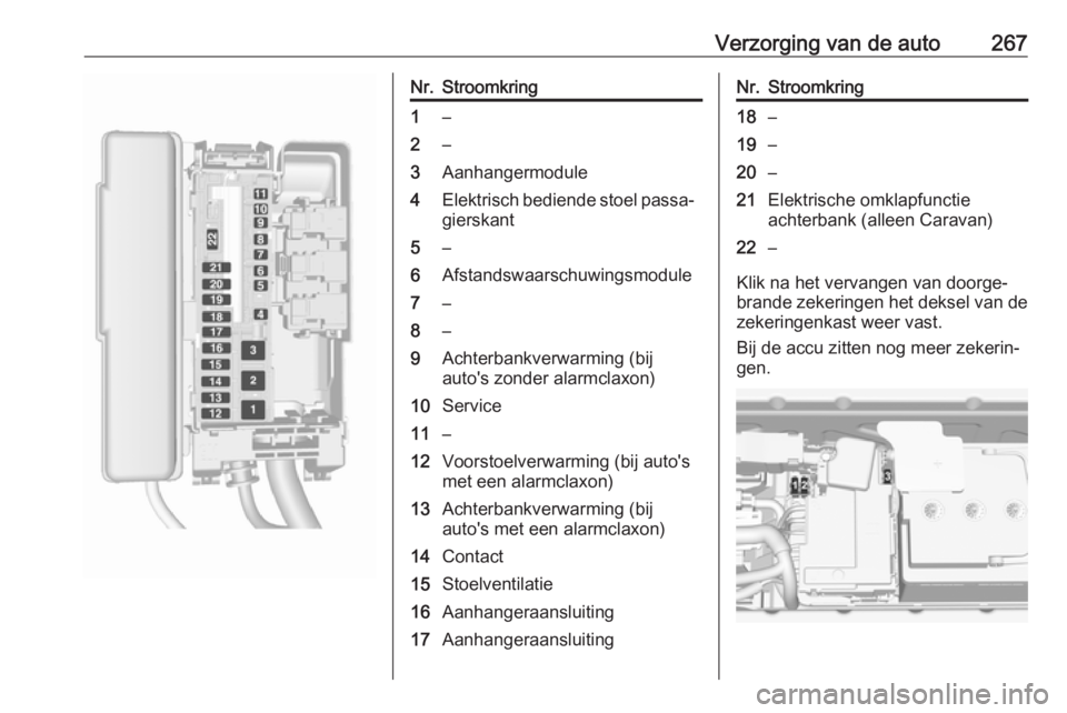OPEL ASTRA K 2018.5  Gebruikershandleiding (in Dutch) Verzorging van de auto267Nr.Stroomkring1–2–3Aanhangermodule4Elektrisch bediende stoel passa‐gierskant5–6Afstandswaarschuwingsmodule7–8–9Achterbankverwarming (bij
auto's zonder alarmcla
