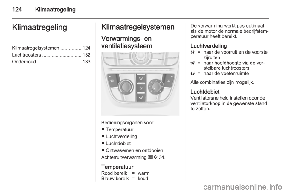 OPEL CASCADA 2014.5  Gebruikershandleiding (in Dutch) 124KlimaatregelingKlimaatregelingKlimaatregelsystemen...............124
Luchtroosters ............................. 132
Onderhoud ................................. 133Klimaatregelsystemen
Verwarmings-