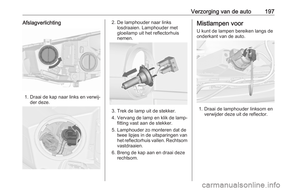 OPEL CASCADA 2019  Gebruikershandleiding (in Dutch) Verzorging van de auto197Afslagverlichting
1. Draai de kap naar links en verwij‐der deze.
2. De lamphouder naar links losdraaien. Lamphouder met
gloeilamp uit het reflectorhuis
nemen.
3. Trek de lam