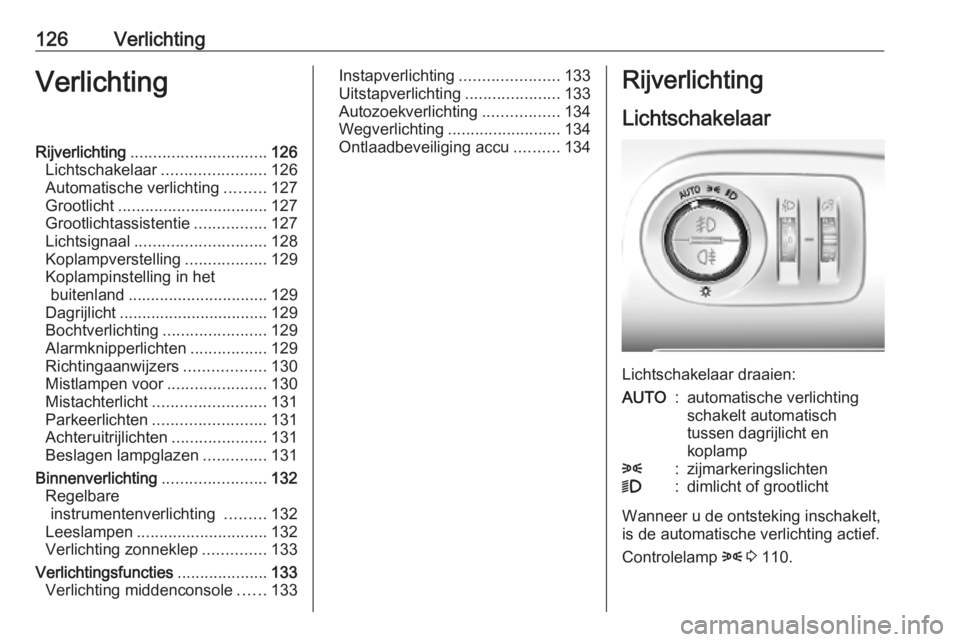 OPEL COMBO E 2019.75 Gebruikershandleiding (in Dutch) 126VerlichtingVerlichtingRijverlichting.............................. 126
Lichtschakelaar .......................126
Automatische verlichting .........127
Grootlicht ................................. OPEL COMBO E 2019.75 Gebruikershandleiding (in Dutch) 126VerlichtingVerlichtingRijverlichting.............................. 126
Lichtschakelaar .......................126
Automatische verlichting .........127
Grootlicht .................................