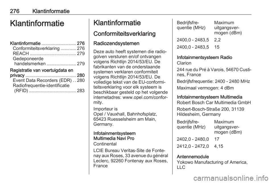 OPEL COMBO E 2019.75 Gebruikershandleiding (in Dutch) 276KlantinformatieKlantinformatieKlantinformatie........................... 276
Conformiteitsverklaring ............276
REACH .................................... 279
Gedeponeerde handelsmerken ...... OPEL COMBO E 2019.75 Gebruikershandleiding (in Dutch) 276KlantinformatieKlantinformatieKlantinformatie........................... 276
Conformiteitsverklaring ............276
REACH .................................... 279
Gedeponeerde handelsmerken ......
