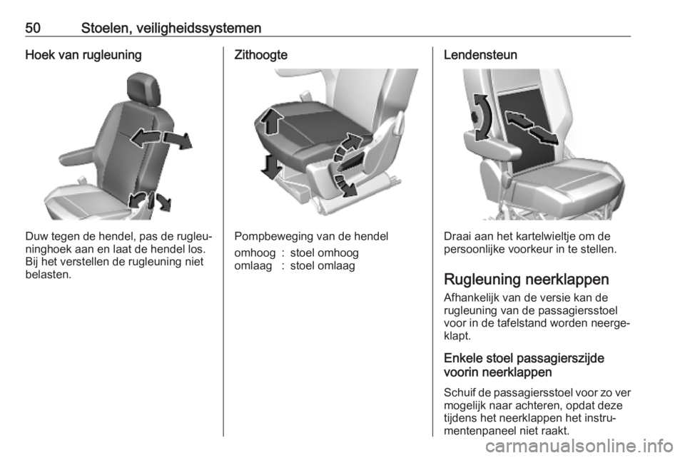 OPEL COMBO E 2019.75  Gebruikershandleiding (in Dutch) 50Stoelen, veiligheidssystemenHoek van rugleuning
Duw tegen de hendel, pas de rugleu‐
ninghoek aan en laat de hendel los.
Bij het verstellen de rugleuning niet
belasten.
Zithoogte
Pompbeweging van d