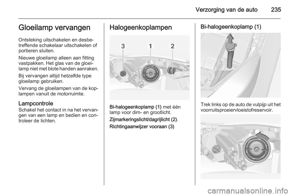 OPEL INSIGNIA 2015  Gebruikershandleiding (in Dutch) Verzorging van de auto235Gloeilamp vervangen
Ontsteking uitschakelen en desbe‐
treffende schakelaar uitschakelen of portieren sluiten.
Nieuwe gloeilamp alleen aan fitting vastpakken. Het glas van de