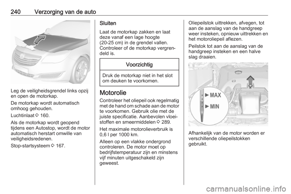OPEL INSIGNIA 2017  Gebruikershandleiding (in Dutch) 240Verzorging van de auto
Leg de veiligheidsgrendel links opzij
en open de motorkap.
De motorkap wordt automatisch
omhoog gehouden.
Luchtinlaat  3 160.
Als de motorkap wordt geopend
tijdens een Autost