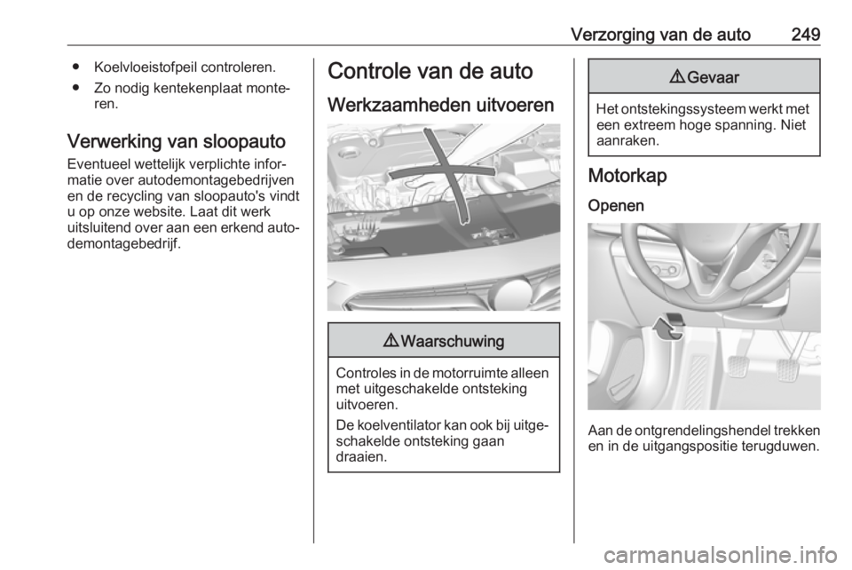 OPEL INSIGNIA BREAK 2018.5  Gebruikershandleiding (in Dutch) Verzorging van de auto249● Koelvloeistofpeil controleren.
● Zo nodig kentekenplaat monte‐ ren.
Verwerking van sloopauto
Eventueel wettelijk verplichte infor‐
matie over autodemontagebedrijven
