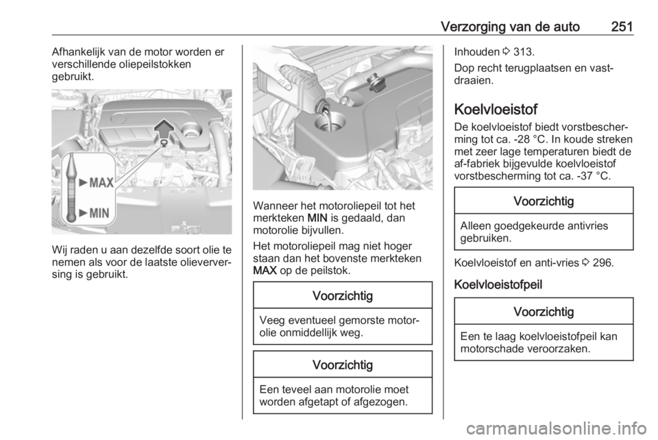 OPEL INSIGNIA BREAK 2018.5  Gebruikershandleiding (in Dutch) Verzorging van de auto251Afhankelijk van de motor worden erverschillende oliepeilstokken
gebruikt.
Wij raden u aan dezelfde soort olie te nemen als voor de laatste olieverver‐
sing is gebruikt.
Wann