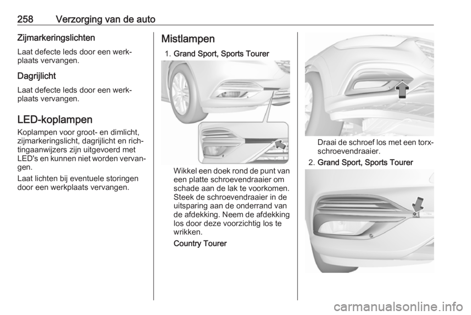 OPEL INSIGNIA BREAK 2018.5  Gebruikershandleiding (in Dutch) 258Verzorging van de autoZijmarkeringslichten
Laat defecte leds door een werk‐
plaats vervangen.
Dagrijlicht
Laat defecte leds door een werk‐
plaats vervangen.
LED-koplampen Koplampen voor groot- 