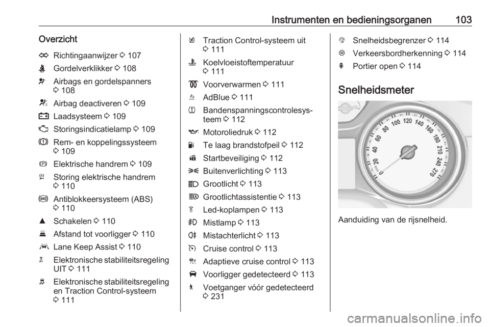 OPEL INSIGNIA BREAK 2019 Gebruikershandleiding (in Dutch) Instrumenten en bedieningsorganen103OverzichtORichtingaanwijzer 3 107XGordelverklikker 3 108vAirbags en gordelspanners
3 108VAirbag deactiveren 3 109pLaadsysteem 3 109ZStoringsindicatielamp 3 109 OPEL INSIGNIA BREAK 2019 Gebruikershandleiding (in Dutch) Instrumenten en bedieningsorganen103OverzichtORichtingaanwijzer 3 107XGordelverklikker 3 108vAirbags en gordelspanners
3 108VAirbag deactiveren 3 109pLaadsysteem 3 109ZStoringsindicatielamp 3 109