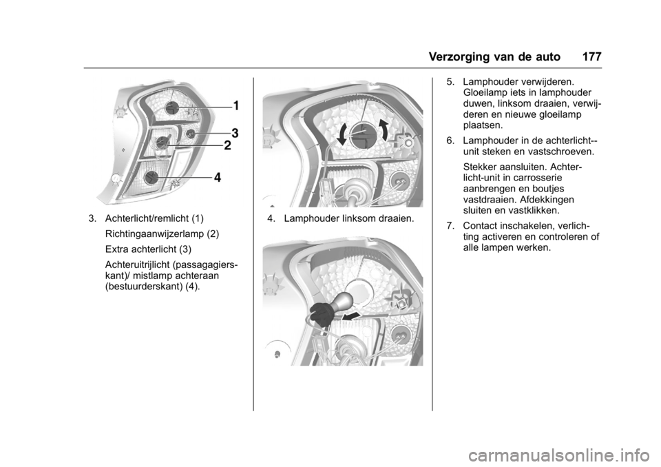 OPEL KARL 2016  Gebruikershandleiding (in Dutch) OPEL Karl Owner Manual (GMK-Localizing-EU LHD-9231167) - 2016 - crc -
9/10/15
Verzorging van de auto 177
3. Achterlicht/remlicht (1)Richtingaanwijzerlamp (2)
Extra achterlicht (3)
Achteruitrijlicht (p