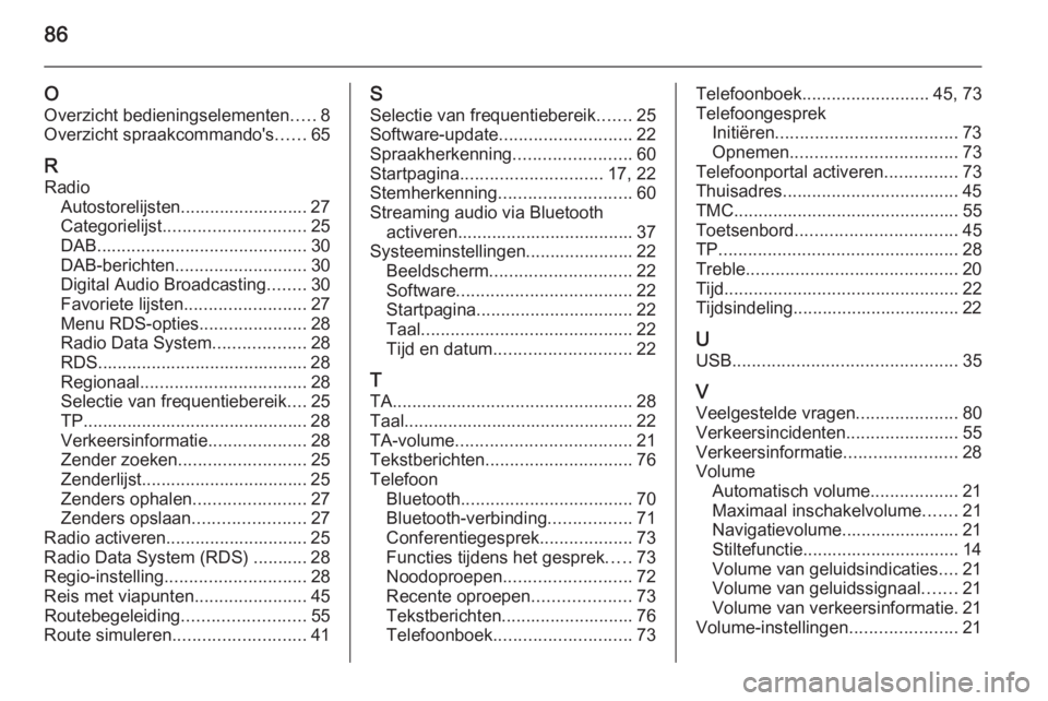 OPEL MERIVA 2015  Handleiding Infotainment (in Dutch) 86
O
Overzicht bedieningselementen .....8
Overzicht spraakcommando's ......65
R Radio Autostorelijsten.......................... 27
Categorielijst ............................. 25
DAB ............