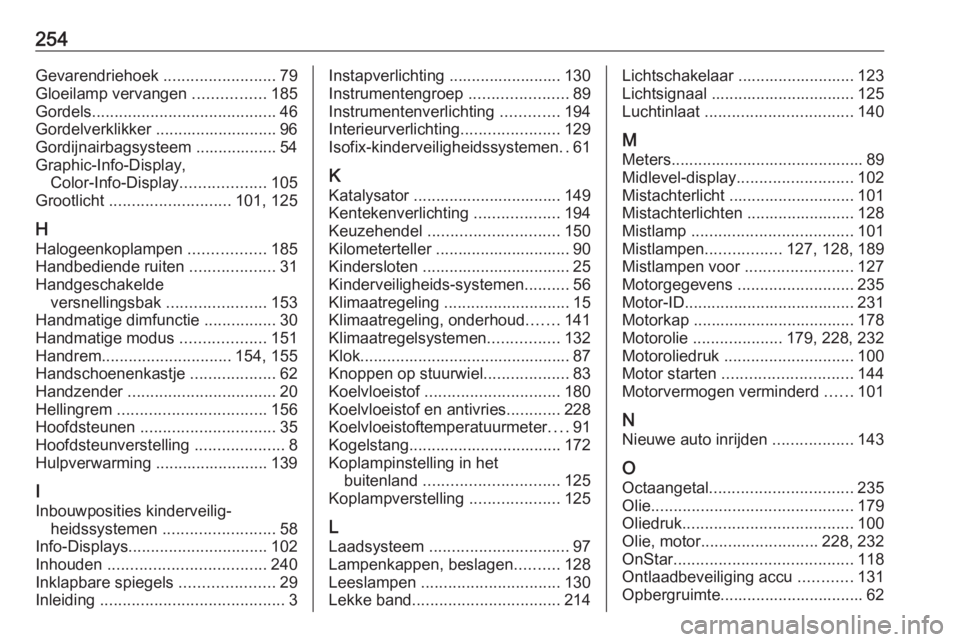 OPEL MERIVA 2016.5  Gebruikershandleiding (in Dutch) 254Gevarendriehoek .........................79
Gloeilamp vervangen  ................185
Gordels ......................................... 46
Gordelverklikker ........................... 96
Gordijnairb