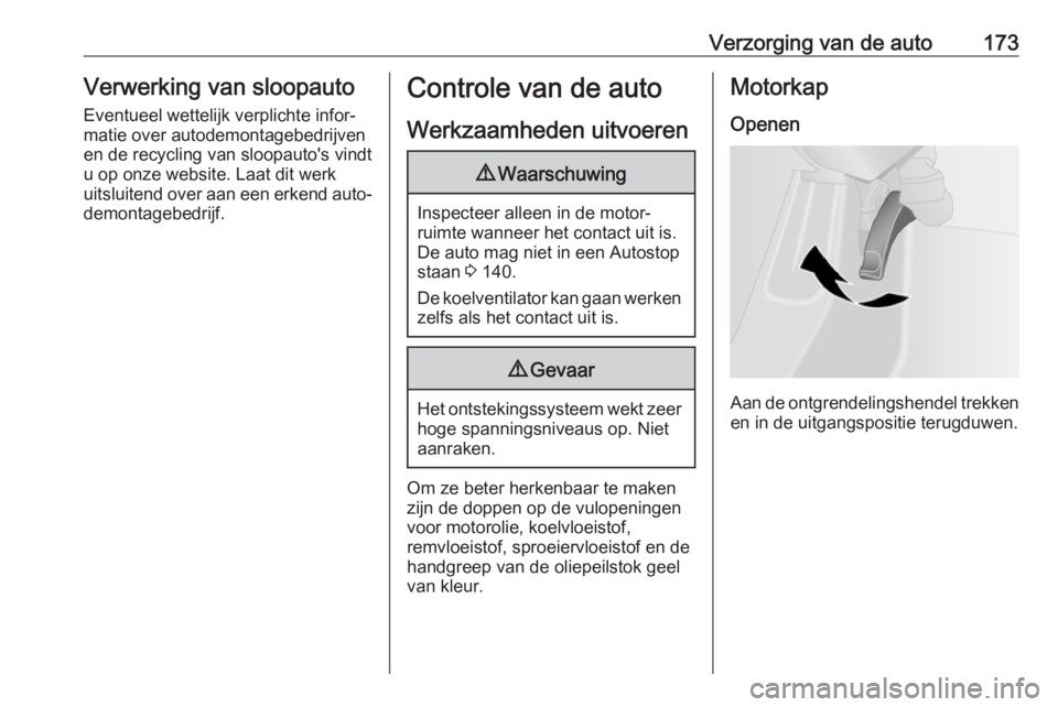OPEL VIVARO B 2019  Gebruikershandleiding (in Dutch) Verzorging van de auto173Verwerking van sloopauto
Eventueel wettelijk verplichte infor‐
matie over autodemontagebedrijven
en de recycling van sloopauto's vindt
u op onze website. Laat dit werk
u