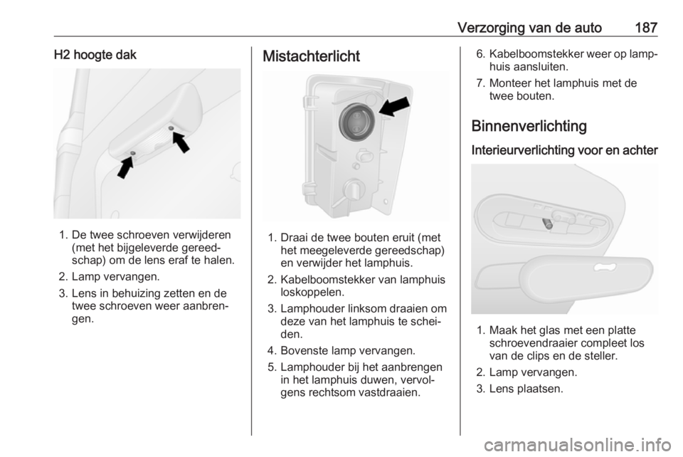 OPEL VIVARO B 2019  Gebruikershandleiding (in Dutch) Verzorging van de auto187H2 hoogte dak
1. De twee schroeven verwijderen(met het bijgeleverde gereed‐
schap) om de lens eraf te halen.
2. Lamp vervangen.
3. Lens in behuizing zetten en de twee schroe