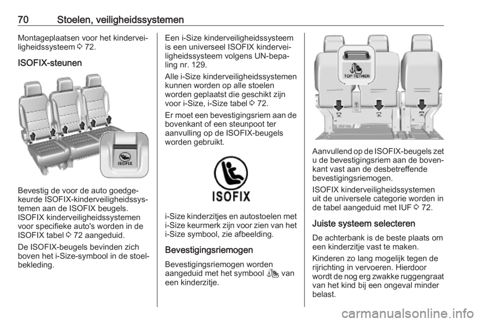 OPEL VIVARO C 2020  Gebruikershandleiding (in Dutch) 70Stoelen, veiligheidssystemenMontageplaatsen voor het kindervei‐
ligheidssysteem  3 72.
ISOFIX-steunen
Bevestig de voor de auto goedge‐
keurde ISOFIX-kinderveiligheidssys‐
temen aan de ISOFIX b