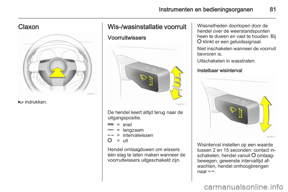 OPEL ZAFIRA B 2014  Gebruikershandleiding (in Dutch) Instrumenten en bedieningsorganen81Claxon
j indrukken.
Wis-/wasinstallatie voorruit
Voorruitwissers
De hendel keert altijd terug naar de
uitgangspositie.
&=snel%=langzaam$=intervalwissen§=uit
Hendel 
