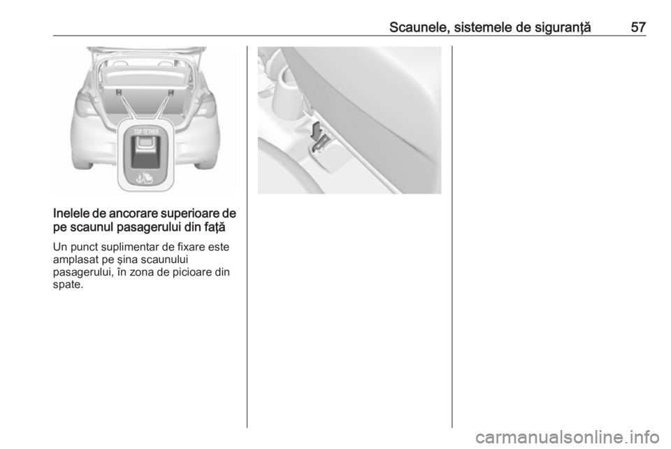 OPEL CORSA 2017  Manual de utilizare (in Romanian) Scaunele, sistemele de siguranţă57
Inelele de ancorare superioare depe scaunul pasagerului din faţă
Un punct suplimentar de fixare este
amplasat pe şina scaunului
pasagerului, în zona de picioar