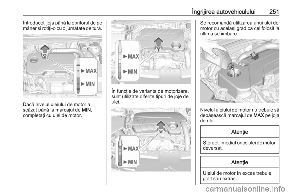 OPEL INSIGNIA BREAK 2017.5  Manual de utilizare (in Romanian) Îngrijirea autovehiculului251Introduceţi joja până la opritorul de pe
mâner şi rotiţi-o cu o jumătate de tură.
Dacă nivelul uleiului de motor a
scăzut până la marcajul de  MIN,
completaţ