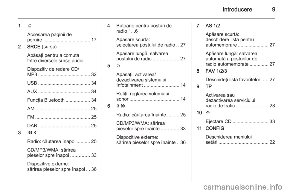OPEL MERIVA 2015.5  Manual pentru sistemul Infotainment (in Romanian) Introducere9
1;
Accesarea paginii de
pornire ................................... 17
2 SRCE  (sursa)
Apăsaţi pentru a comuta
între diversele surse audio
Dispozitiv de redare CD/
MP3 ................