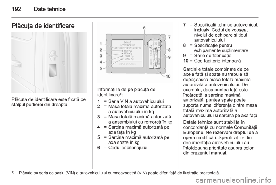 OPEL MOVANO_B 2015  Manual de utilizare (in Romanian) 192Date tehnicePlăcuţa de identificare
Plăcuţa de identificare este fixată pe
stâlpul portierei din dreapta.
Informaţiile de pe plăcuţa de
identificare 1)
:
1=Seria VIN a autovehiculului2=Mas