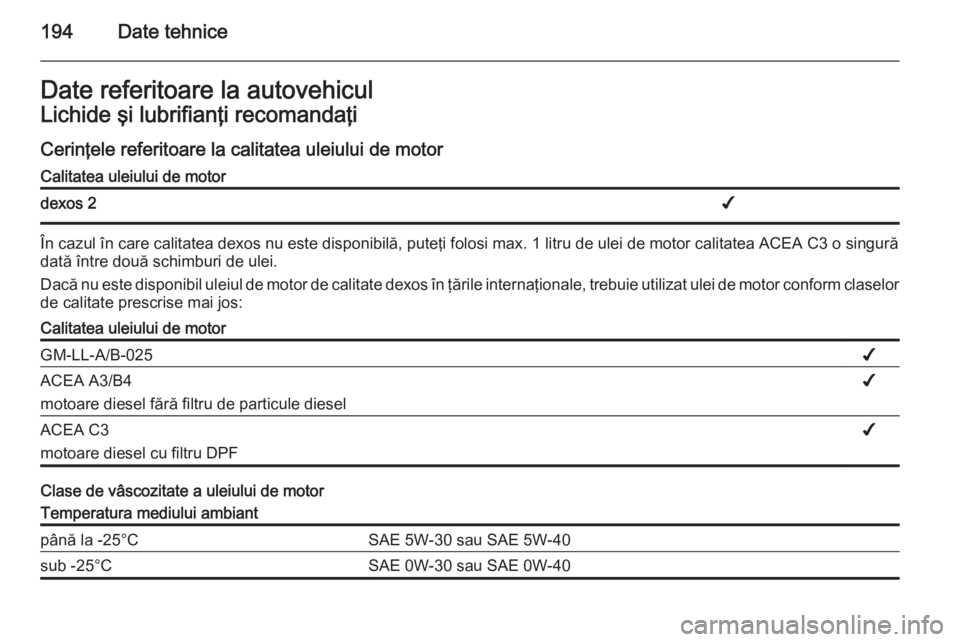 OPEL MOVANO_B 2015  Manual de utilizare (in Romanian) 194Date tehniceDate referitoare la autovehiculLichide şi lubrifianţi recomandaţi
Cerinţele referitoare la calitatea uleiului de motorCalitatea uleiului de motordexos 2✔
În cazul în care calita
