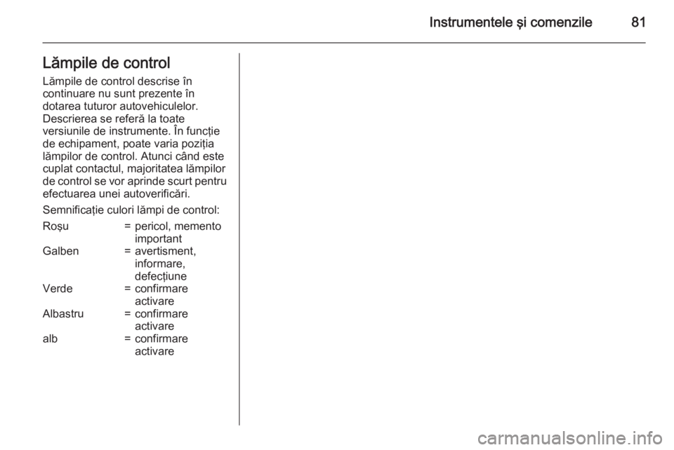 OPEL MOVANO_B 2015  Manual de utilizare (in Romanian) Instrumentele şi comenzile81Lămpile de controlLămpile de control descrise în
continuare nu sunt prezente în
dotarea tuturor autovehiculelor.
Descrierea se referă la toate
versiunile de instrumen