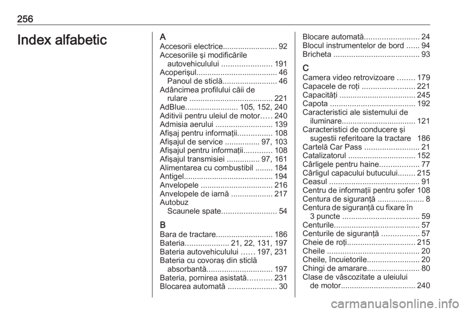 OPEL MOVANO_B 2019  Manual de utilizare (in Romanian) 256Index alfabeticAAccesorii electrice......................... 92
Accesoriile şi modificările autovehiculului  .......................191
Acoperişul ..................................... 46
Panoul
