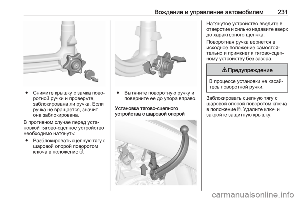 OPEL GRANDLAND X 2019.75  Инструкция по эксплуатации (in Russian) Вождение и управление автомобилем231
● Снимите крышку с замка пово‐ротной ручки и проверьте,
заблокирована л
