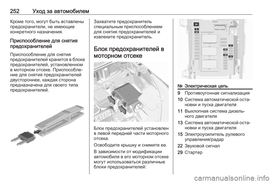 OPEL GRANDLAND X 2019.75  Инструкция по эксплуатации (in Russian) 252Уход за автомобилемКроме того, могут быть вставлены
предохранители, не имеющие
конкретного назначения.
При
