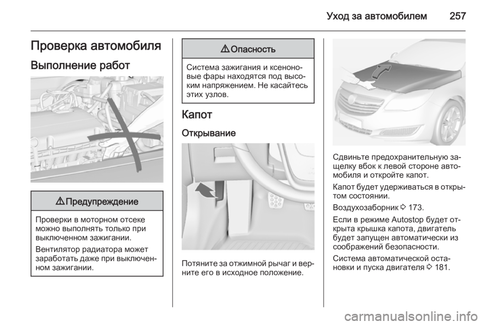 OPEL INSIGNIA 2014  Инструкция по эксплуатации (in Russian) Уход за автомобилем257Проверка автомобиляВыполнение работ9 Предупреждение
Проверки в моторном отсеке
можно 