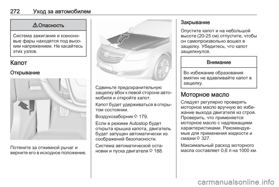 OPEL INSIGNIA 2017  Инструкция по эксплуатации (in Russian) 272Уход за автомобилем9Опасность
Система зажигания и ксеноно‐
вые фары находятся под высо‐
ким напряжением. 