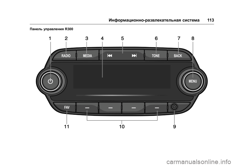 OPEL KARL 2016  Инструкция по эксплуатации (in Russian) OPEL Karl Owner Manual (GMK-Localizing-EU LHD-9231167) - 2016 - crc -
9/10/15
Информационно-развлекательная система113
Панель управленияR300 