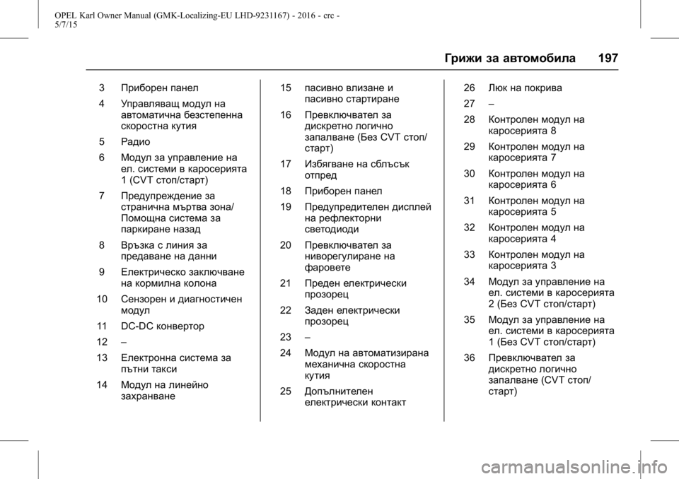OPEL KARL 2015.75  Ръководство за експлоатация (in Bulgarian) OPEL Karl Owner Manual (GMK-Localizing-EU LHD-9231167) - 2016 - crc -
5/7/15
Грижи за автомобила197
3Приборен панел
4 Управляващ модул на
автомат