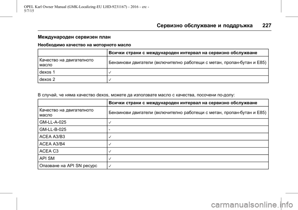OPEL KARL 2015.75  Ръководство за експлоатация (in Bulgarian) OPEL Karl Owner Manual (GMK-Localizing-EU LHD-9231167) - 2016 - crc -
5/7/15
Сервизно обслужване и поддръжка227
Международен сервизен план
Необ