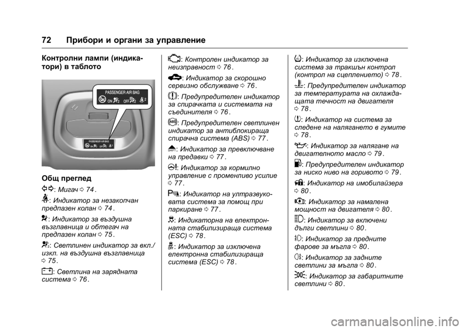 OPEL KARL 2016  Ръководство за експлоатация (in Bulgarian) OPEL Karl Owner Manual (GMK-Localizing-EU LHD-9231167) - 2016 - crc -
9/8/15
72Прибори и органи за управление
Контролни лампи (индика-
тори) в таб