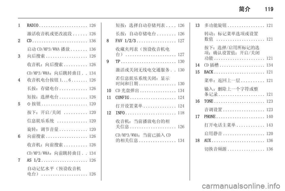 OPEL ASTRA J 2015 信息娱乐系统 (in Chinese) 简介119
1 RADIO..................... 126
激活收音机或更改波段 ......126
2 CD ........................ 136
启动 CD/MP3/WMA 播放 .......136
3 向后搜索 .................. 126
收音 OPEL ASTRA J 2015 信息娱乐系统 (in Chinese) 简介119
1 RADIO..................... 126
激活收音机或更改波段 ......126
2 CD ........................ 136
启动 CD/MP3/WMA 播放 .......136
3 向后搜索 .................. 126
收音