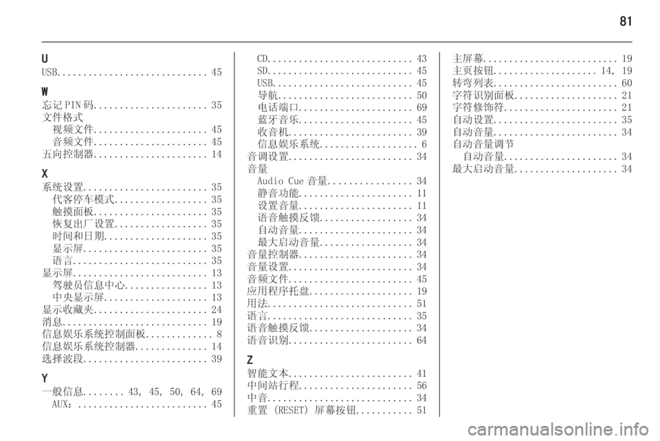 OPEL INSIGNIA 2015 信息娱乐系统 (in Chinese) 81
U
USB ............................. 45
W 忘记 PIN 码 ...................... 35
文件格式 视频文件 ...................... 45
音频文件 ...................... 45
五向控制器 ........ OPEL INSIGNIA 2015 信息娱乐系统 (in Chinese) 81
U
USB ............................. 45
W 忘记 PIN 码 ...................... 35
文件格式 视频文件 ...................... 45
音频文件 ...................... 45
五向控制器 ........