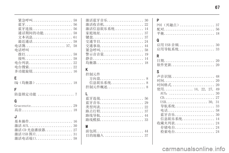OPEL MERIVA 2015.5 信息娱乐系统 (in Chinese) 67
紧急呼叫...................... 58
蓝牙 .......................... 56
蓝牙连接 ...................... 56
通话期间的功能 ................ 58
文本讯息 ...................... 61
OPEL MERIVA 2015.5 信息娱乐系统 (in Chinese) 67
紧急呼叫...................... 58
蓝牙 .......................... 56
蓝牙连接 ...................... 56
通话期间的功能 ................ 58
文本讯息 ...................... 61