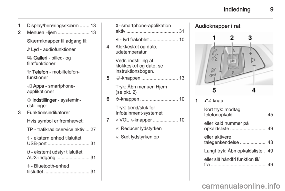 OPEL ADAM 2015  Instruktionsbog til Infotainment (in Danish) Indledning9
1Display/berøringsskærm .......13
2 Menuen Hjem ........................ 13
Skærmknapper til adgang til:
♪  Lyd  - audiofunktioner
P  Galleri  - billed- og
filmfunktioner
h  Telefon  