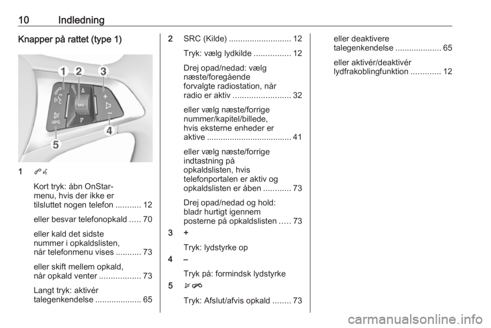 OPEL ASTRA K 2017.5 Instruktionsbog til Infotainment (in Danish) 10IndledningKnapper på rattet (type 1)
1qw
Kort tryk: åbn OnStar-
menu, hvis der ikke er
tilsluttet nogen telefon ...........12
eller besvar telefonopkald .....70
eller kald det sidste
nummer i opka OPEL ASTRA K 2017.5 Instruktionsbog til Infotainment (in Danish) 10IndledningKnapper på rattet (type 1)
1qw
Kort tryk: åbn OnStar-
menu, hvis der ikke er
tilsluttet nogen telefon ...........12
eller besvar telefonopkald .....70
eller kald det sidste
nummer i opka