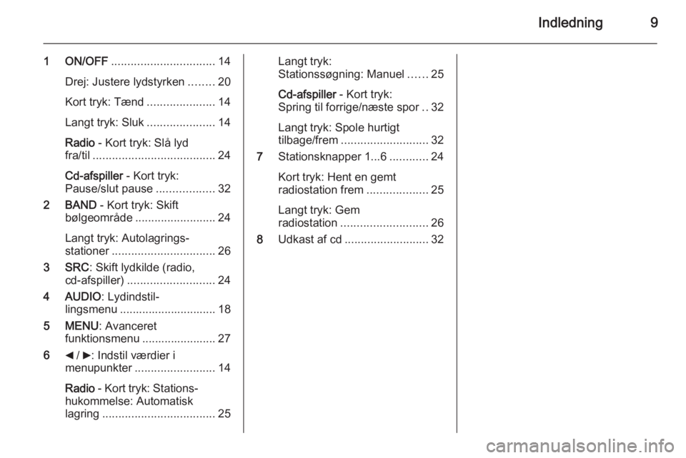 OPEL COMBO 2015  Instruktionsbog til Infotainment (in Danish) Indledning9
1 ON/OFF................................ 14
Drej: Justere lydstyrken ........20
Kort tryk: Tænd .....................14
Langt tryk: Sluk .....................14
Radio  - Kort tryk: Slå l