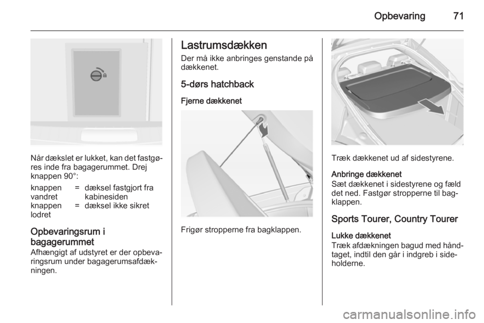OPEL INSIGNIA 2014  Instruktionsbog (in Danish) Opbevaring71
Når dækslet er lukket, kan det fastgø‐
res inde fra bagagerummet. Drej
knappen 90°:
knappen
vandret=dæksel fastgjort fra
kabinesidenknappen
lodret=dæksel ikke sikret
Opbevaringsru
