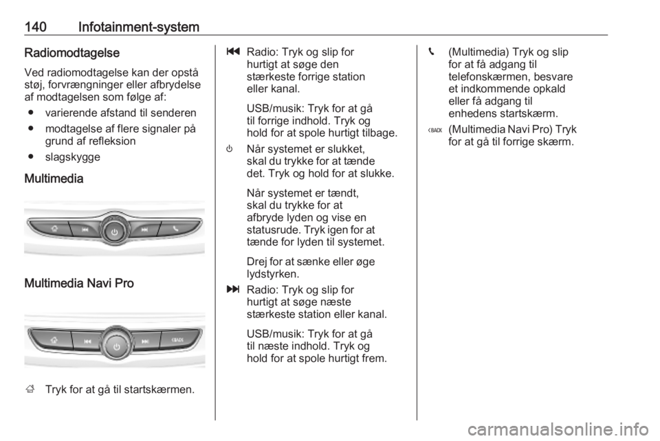 OPEL INSIGNIA BREAK 2019  Instruktionsbog (in Danish) 140Infotainment-systemRadiomodtagelse
Ved radiomodtagelse kan der opstå
støj, forvrængninger eller afbrydelse
af modtagelsen som følge af:
● varierende afstand til senderen
● modtagelse af fle