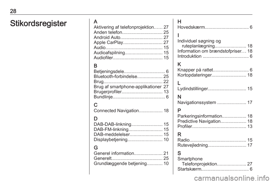 OPEL INSIGNIA BREAK 2019.5  Instruktionsbog til Infotainment (in Danish) 28StikordsregisterAAktivering af telefonprojektion ......27
Anden telefon ............................... 25
Android Auto ................................. 27
Apple CarPlay............................