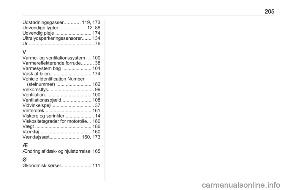 OPEL VIVARO B 2016  Instruktionsbog (in Danish) 205Udstødningsgasser............119, 173
Udvendige lygter  ...................12, 88
Udvendig pleje  ........................... 174
Ultralydsparkeringssensorer .......134
Ur  .......................