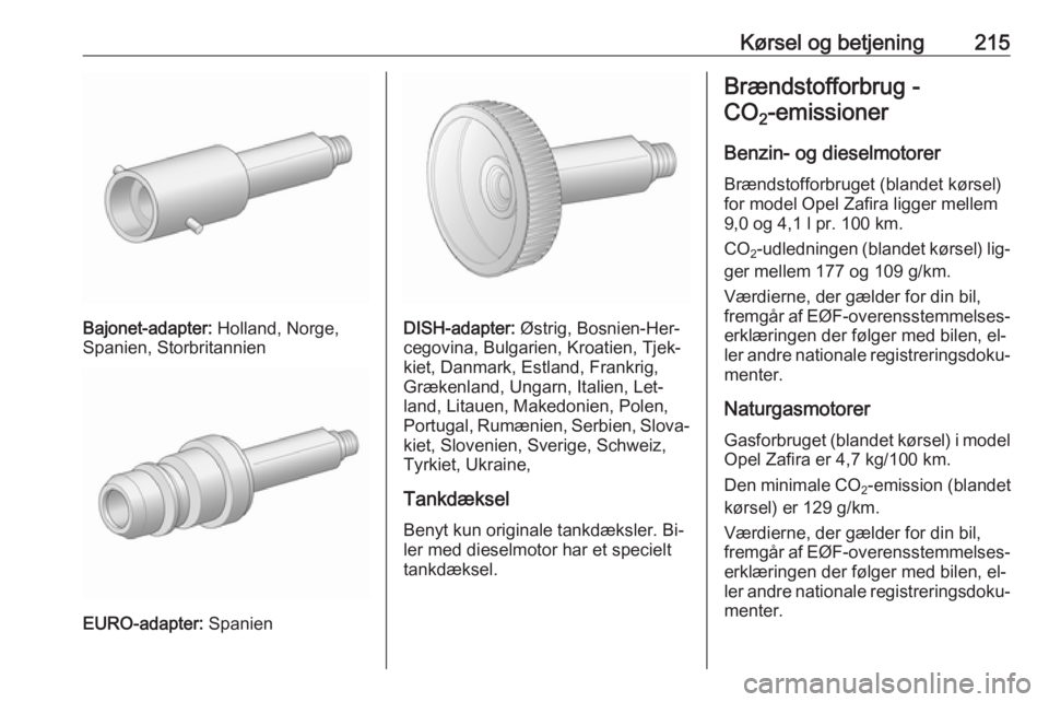 OPEL ZAFIRA C 2016.5 Instruktionsbog (in Danish) Kørsel og betjening215
Bajonet-adapter: Holland, Norge,
Spanien, Storbritannien
EURO-adapter: Spanien
DISH-adapter: Østrig, Bosnien-Her‐
cegovina, Bulgarien, Kroatien, Tjek‐
kiet, Danmark, Estl OPEL ZAFIRA C 2016.5 Instruktionsbog (in Danish) Kørsel og betjening215
Bajonet-adapter: Holland, Norge,
Spanien, Storbritannien
EURO-adapter: Spanien
DISH-adapter: Østrig, Bosnien-Her‐
cegovina, Bulgarien, Kroatien, Tjek‐
kiet, Danmark, Estl