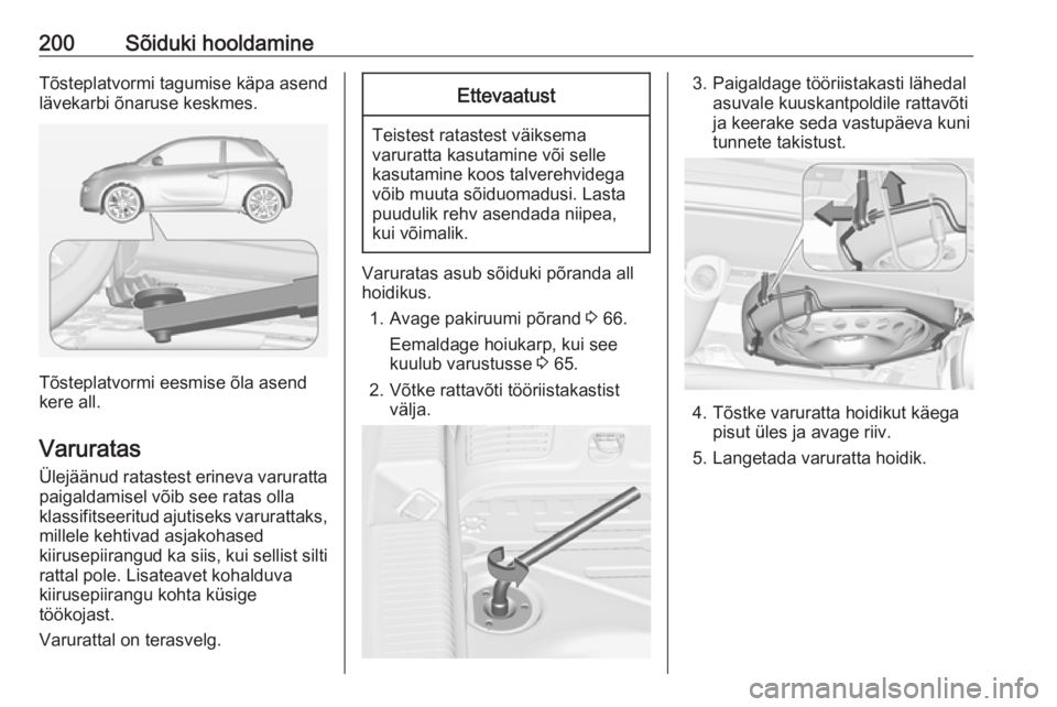 OPEL ADAM 2017  Omaniku käsiraamat (in Estonian) 200Sõiduki hooldamineTõsteplatvormi tagumise käpa asend
lävekarbi õnaruse keskmes.
Tõsteplatvormi eesmise õla asend
kere all.
Varuratas
Ülejäänud ratastest erineva varuratta
paigaldamisel v