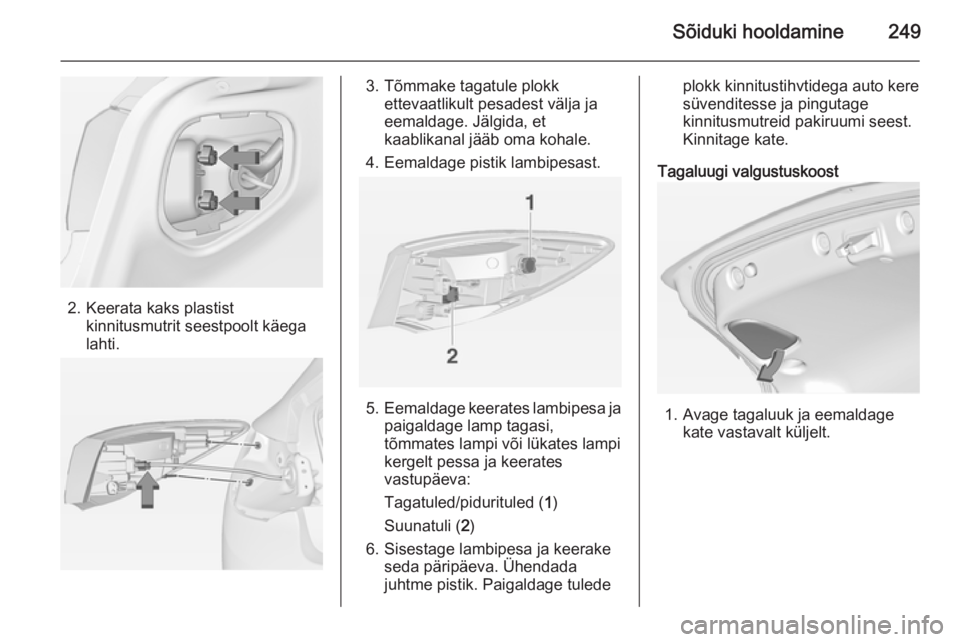 OPEL ASTRA J 2014  Omaniku käsiraamat (in Estonian) Sõiduki hooldamine249
2. Keerata kaks plastistkinnitusmutrit seestpoolt käega
lahti.
3. Tõmmake tagatule plokk ettevaatlikult pesadest välja ja
eemaldage. Jälgida, et
kaablikanal jääb oma kohal