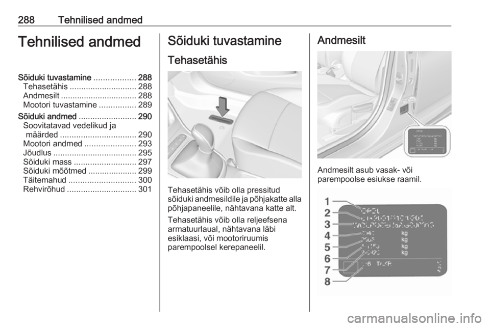 OPEL ASTRA K 2018.5  Omaniku käsiraamat (in Estonian) 288Tehnilised andmedTehnilised andmedSõiduki tuvastamine..................288
Tehasetähis ............................. 288
Andmesilt ................................. 288
Mootori tuvastamine ......